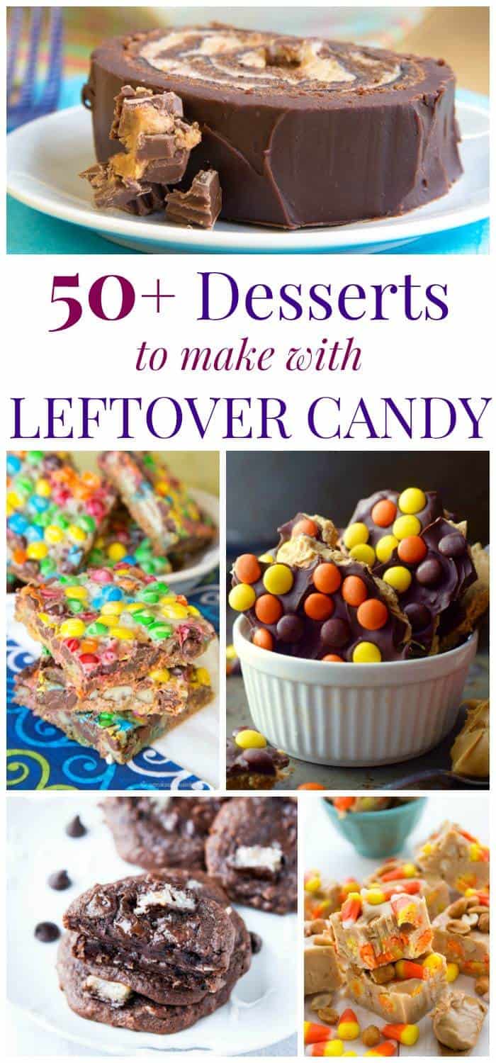 Over 50 Leftover Candy Recipes for the best desserts to make with leftover Halloween candy. Cakes, cookies, bars, fudge, and more made with Reese's Peanut Butter Cups, M&M's, Twix, Milk Way, Heath Bars, Almond Joy, Candy Corn and all of your favorite candies.