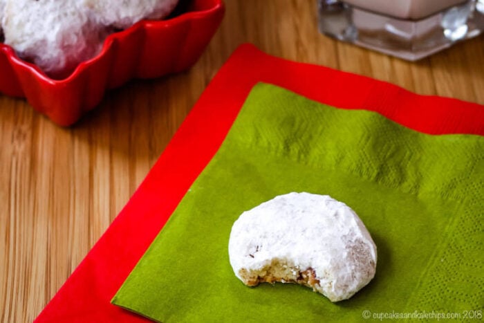 Toffee Almons Snowball Cookies Rolled in Powdered Sugar