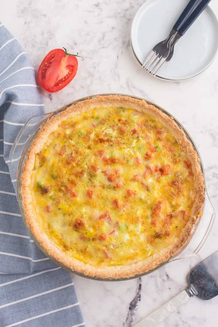 baked quiche in a glass pie dish