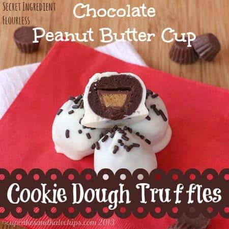 Gluten free, grain free, Flourless Chocolate Peanut Butter Cup Cookie Dough Truffles, made with a secret ingredient, plus added protein and fiber for healthy goodness! | cupcakesandkalechips.com | 