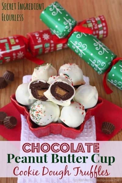 Gluten free, grain free, Flourless Chocolate Peanut Butter Cup Cookie Dough Truffles, made with a secret ingredient, plus added protein and fiber for healthy goodness! | cupcakesandkalechips.com | no bake desserts