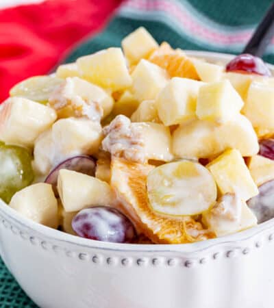 Winter Fruit Salad with apples, grapes, oranges, bananas, and walnuts