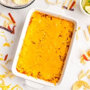 Easy Cheesy Mexican Dip in a baking dish