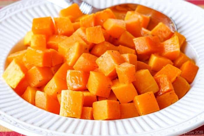 cubes of roasted butternut squash in a bowl