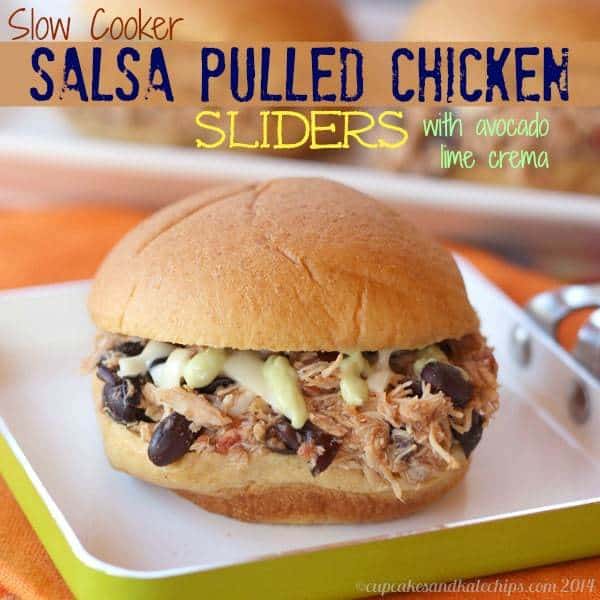 Slow Cooker Salsa Pulled Chicken Sliders (with Avocado Lime Crema) | cupcakesandkalechips.com | #appetizer #slowcooker #crockpot 