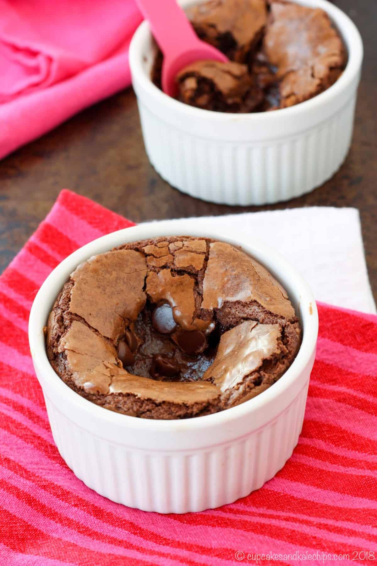 Gluten-free brownies in mugs with hot fudge centers.
