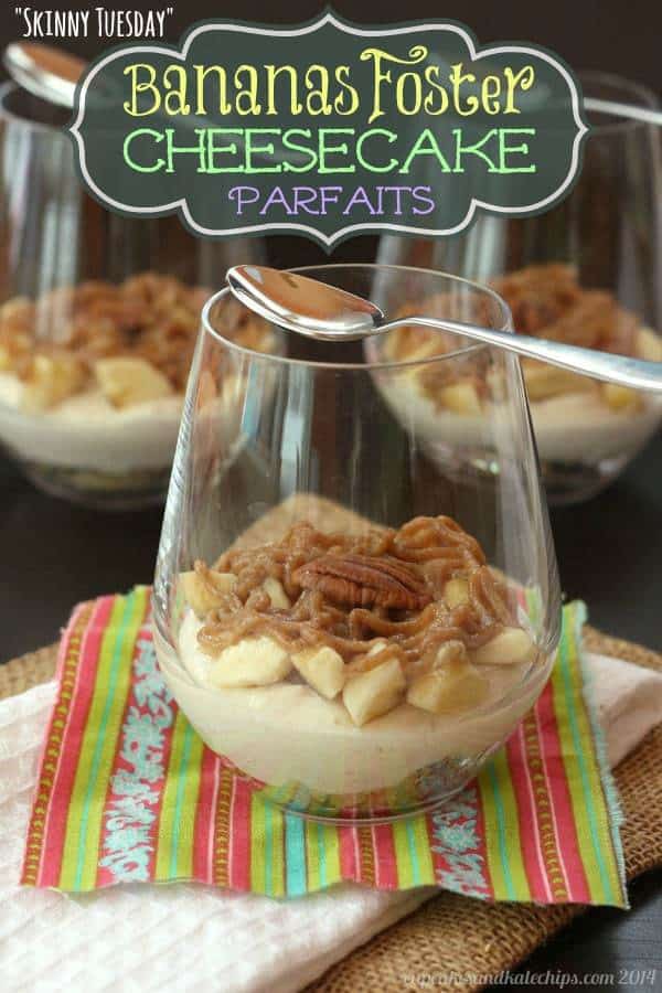 A bananas foster cheesecake parfait in a glass.