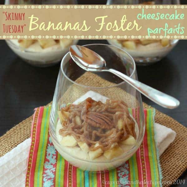 A bananas foster cheesecake parfait in a glass.