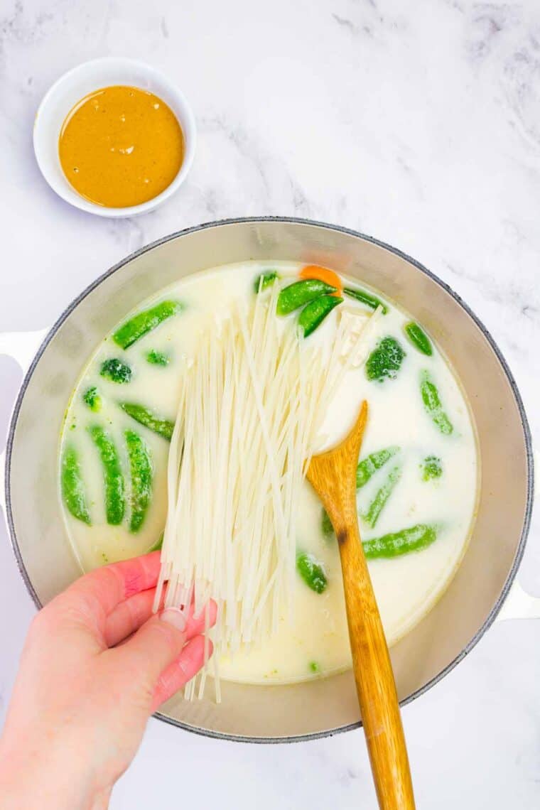 Adding rice noodles to broth