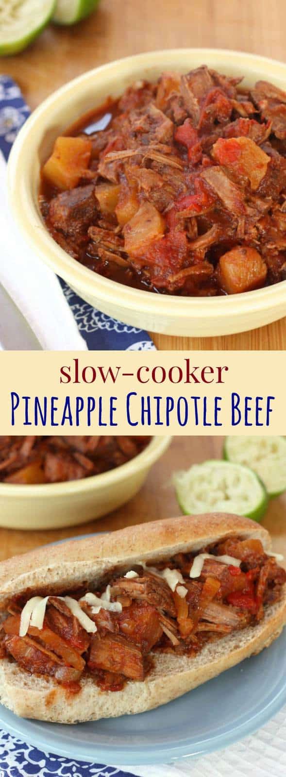 Slow Cooker Pineapple Chipotle Beef - a crock pot recipe for sweet and spicy pulled beef for sandwiches, salads, tacos and more.