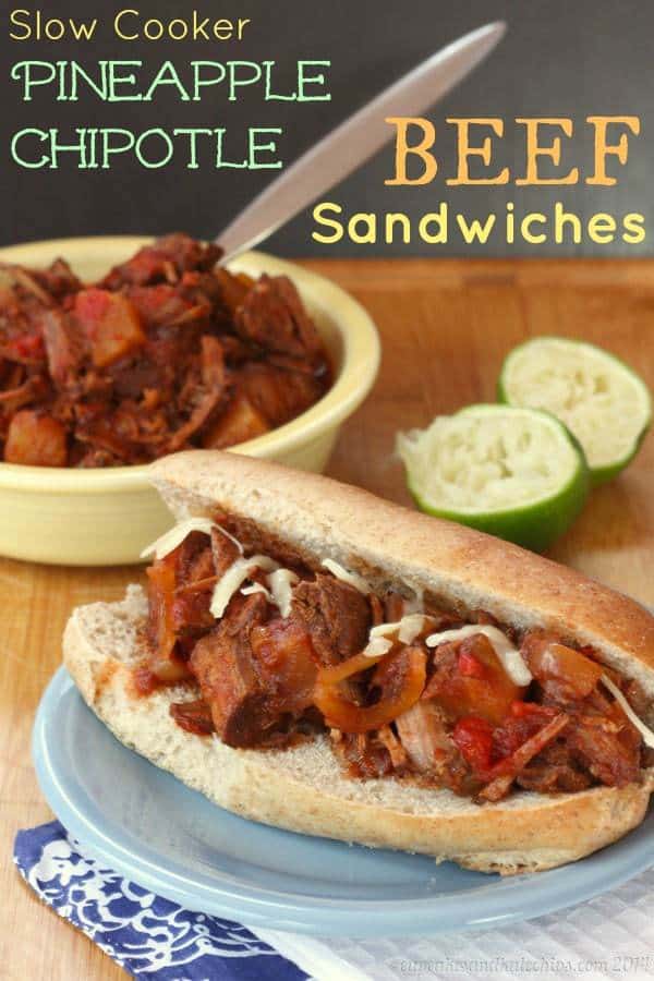 Slow Cooker Pineapple Chipotle Beef - a crock pot recipe for sweet and spicy pulled beef for sandwiches, salads, tacos and more.