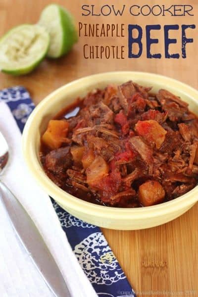 Slow Cooker Pineapple Chipotle Beef - a crock pot recipe for sweet and spicy pulled beef for sandwiches, salads, tacos and more.