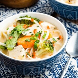 A bowl of Thai chicken noodle soup