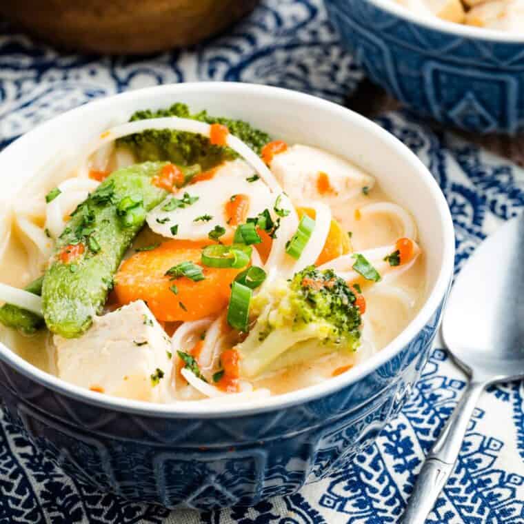 A bowl of Thai chicken noodle soup