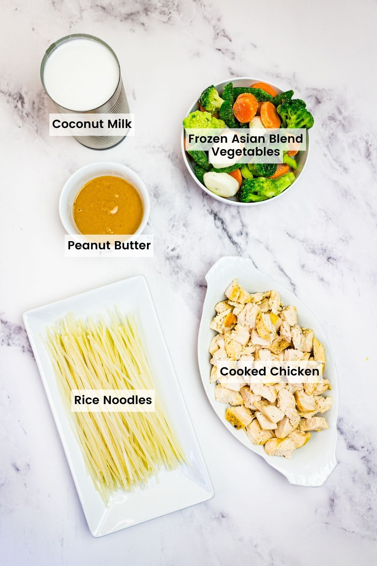 Overhead view of the ingredients needed to make Thai chicken noodle soup