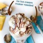 Butter Pecan Fudge Ripple Ice Cream recipe with title and text that says "no ice cream maker needed"