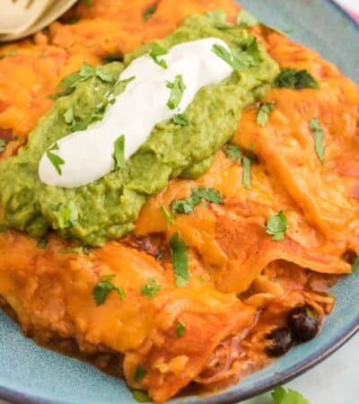 Chicken enchiladas garnished with guacamole and sour cream on a plate.