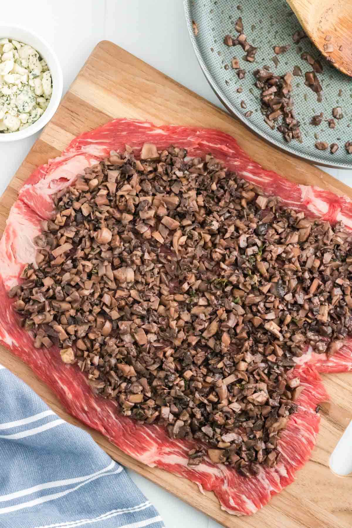 Mushroom duxelles spread over a tenderized cut of flank steak.