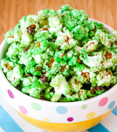 Mint Chocolate Chip Popcorn in a yellow bowl