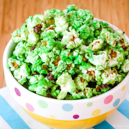 Mint Chocolate Chip Popcorn in a yellow bowl