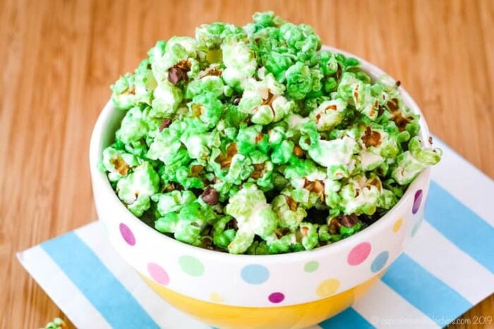 Mint Flavored Popcorn in a yellow bowl