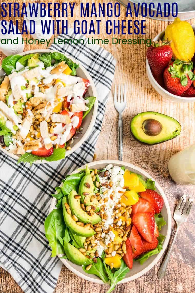 Strawberry Mango Avocado Salad with Goat Cheese and Pine Nuts Recipe Image with title