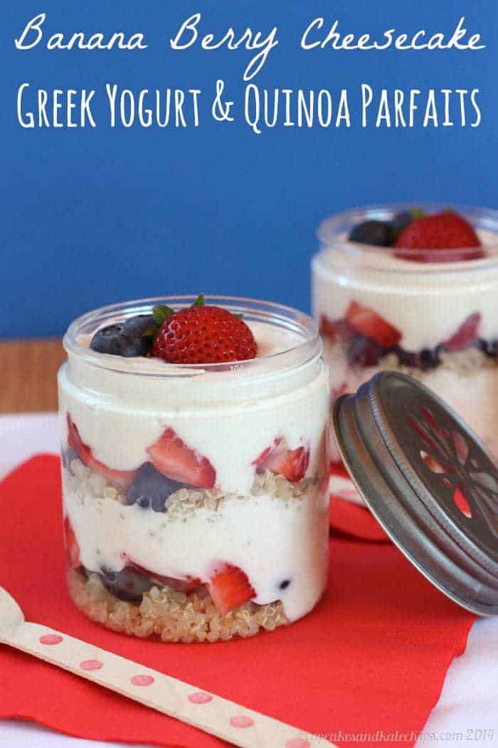 Banana Berry Cheesecake Greek Yogurt & Quinoa Parfaits - a fun, healthy breakfast, snack or dessert! | cupcakesandkalechips.com | gluten free, no sugar added