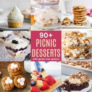 collage of photos of fluffernutter cookies, vanilla cupcake, reese's poke cake, peach cheesecake bars, s'mores bars, chocolate chip cookies, and blueberry cheesecake parfaits