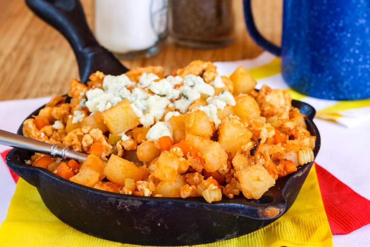 Buffalo Chicken Hash with Potatoes, carrots, celery, and blue cheese