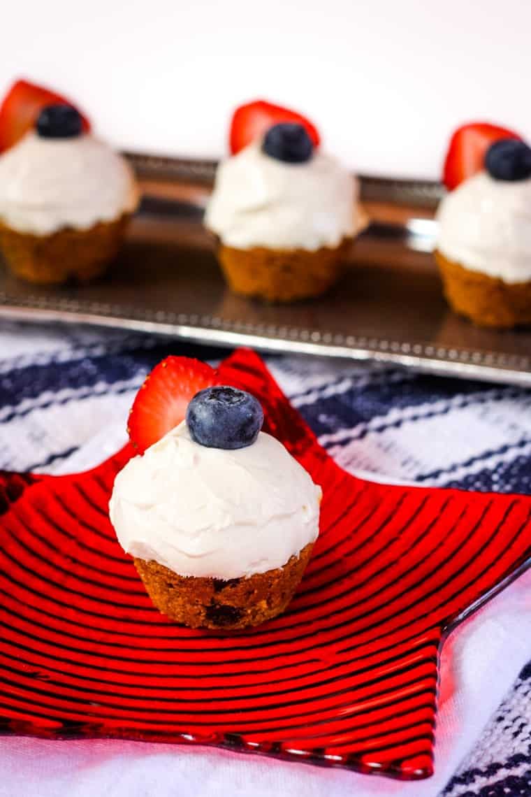 Triple Berry Cheesecake Chocolate Chip Cookie Cup on a red glass star-shaped plate