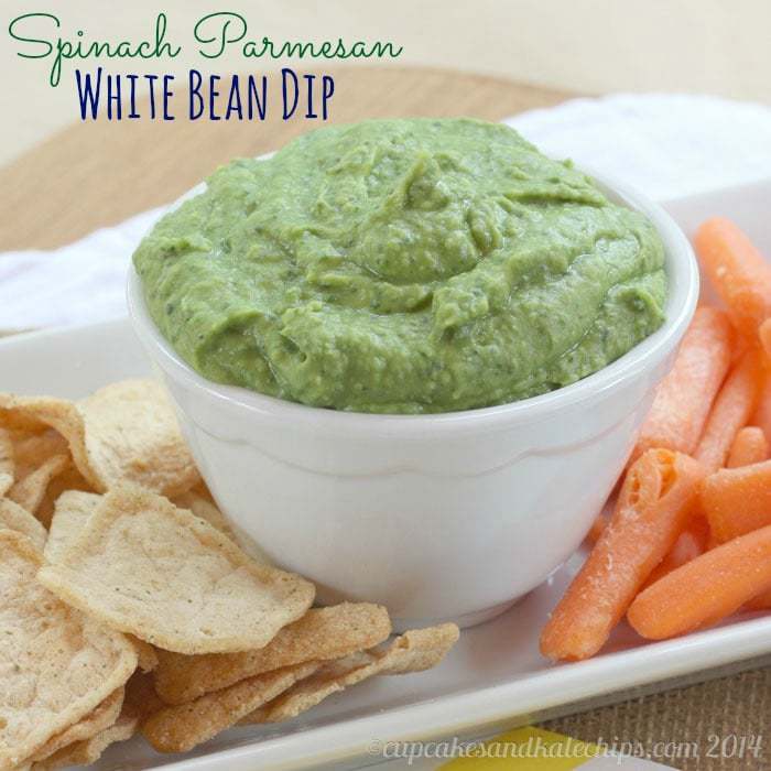 Spinach Parmesan White Bean Dip with #PoppedWheatThins #spon - a simple five-ingredient appetizer or snack with veggies, protein and cheese from cupcakesandkalechips.com | #glutenfree #vegetarian 