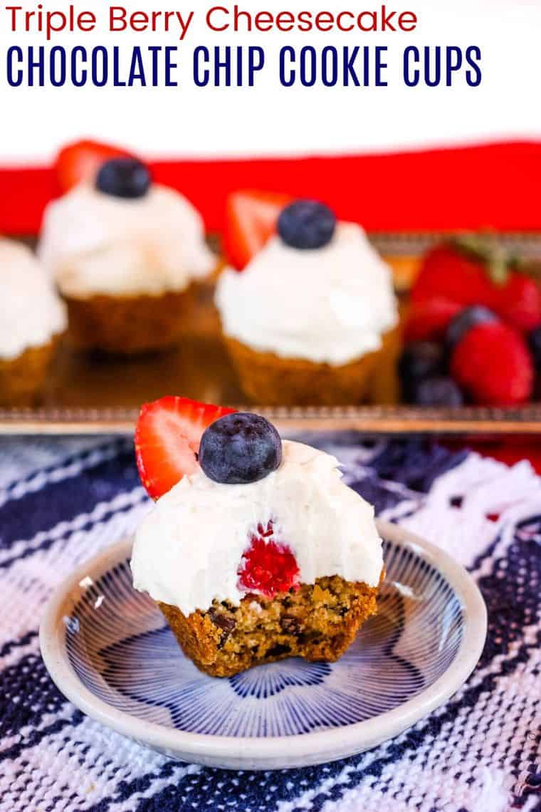Triple Berry Cheesecake Chocolate Chip Cookie Cups recipe image with title