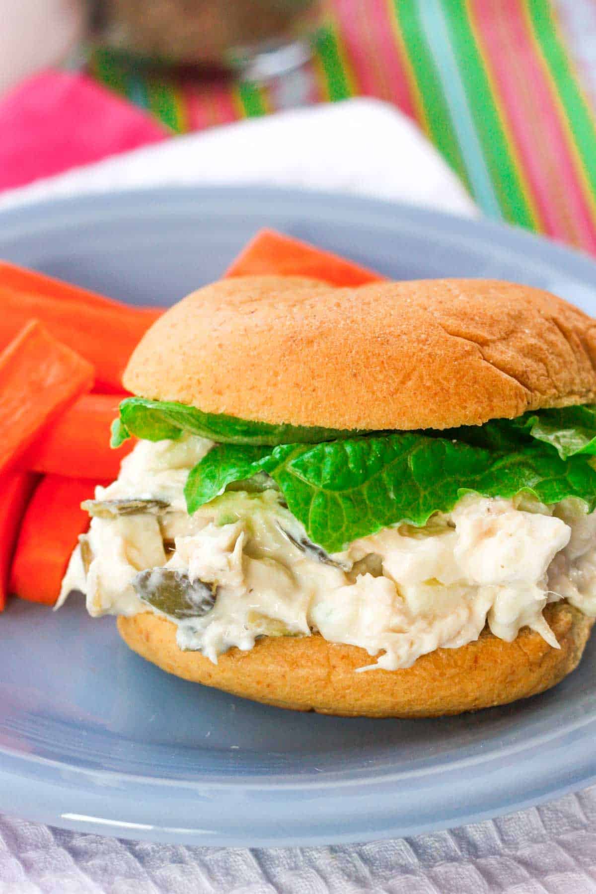 Apple chicken salad on a bun.