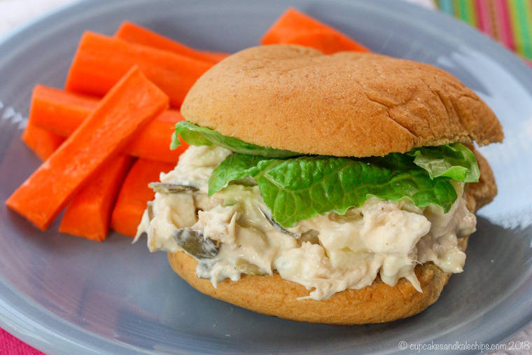 Apple Blue Cheese Chicken Salad Sandwich with carrots for lunch