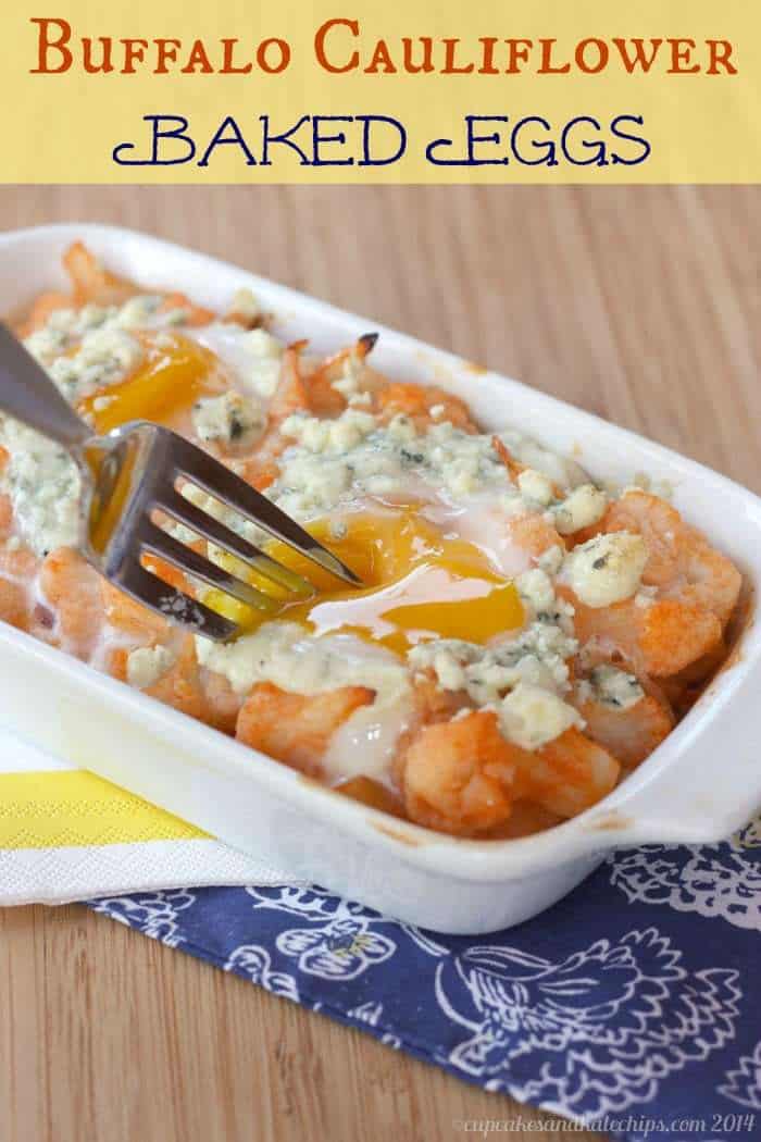 Buffalo cauliflower baked eggs in a casserole dish.