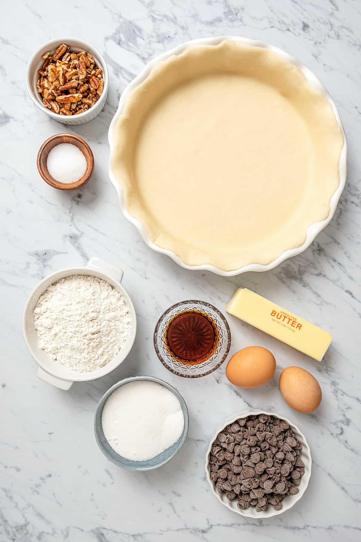 The ingredients for gluten-free chocolate chip cookie pie.