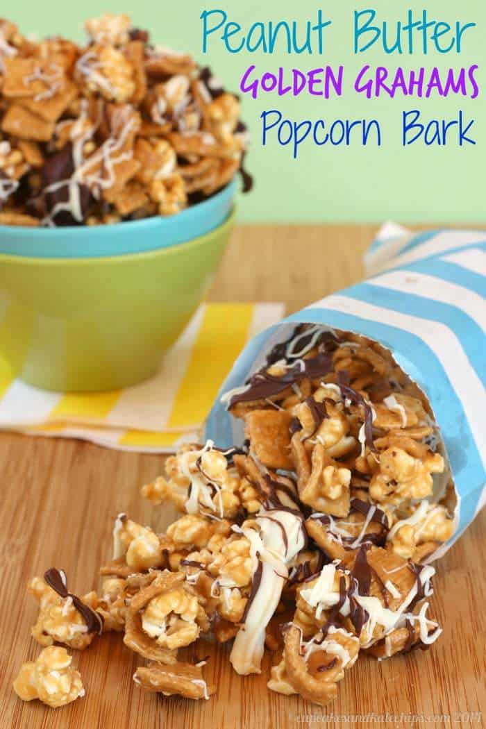 Peanut Butter Golden Grahams Popcorn Bark - a sweet and salty, totally addictive crunchy snack drizzled with chocolate | cupcakesandkalechips.com 