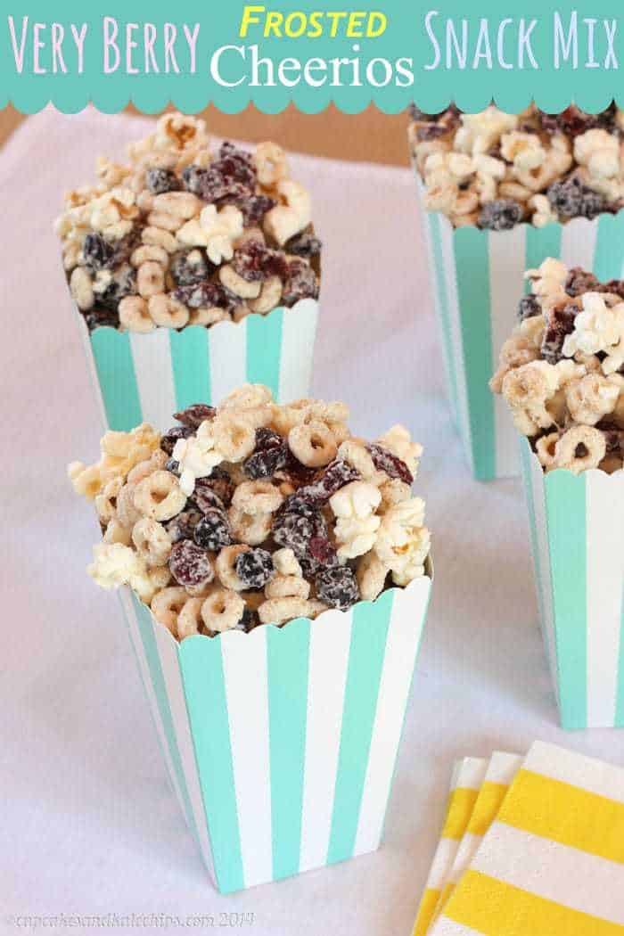 Very Berry Cheerios Popcorn Snack Mix in blue and white striped popcorn bags.