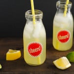 Glass bottles of agave lemonade with straws next to scattered lemon and lime wedges.