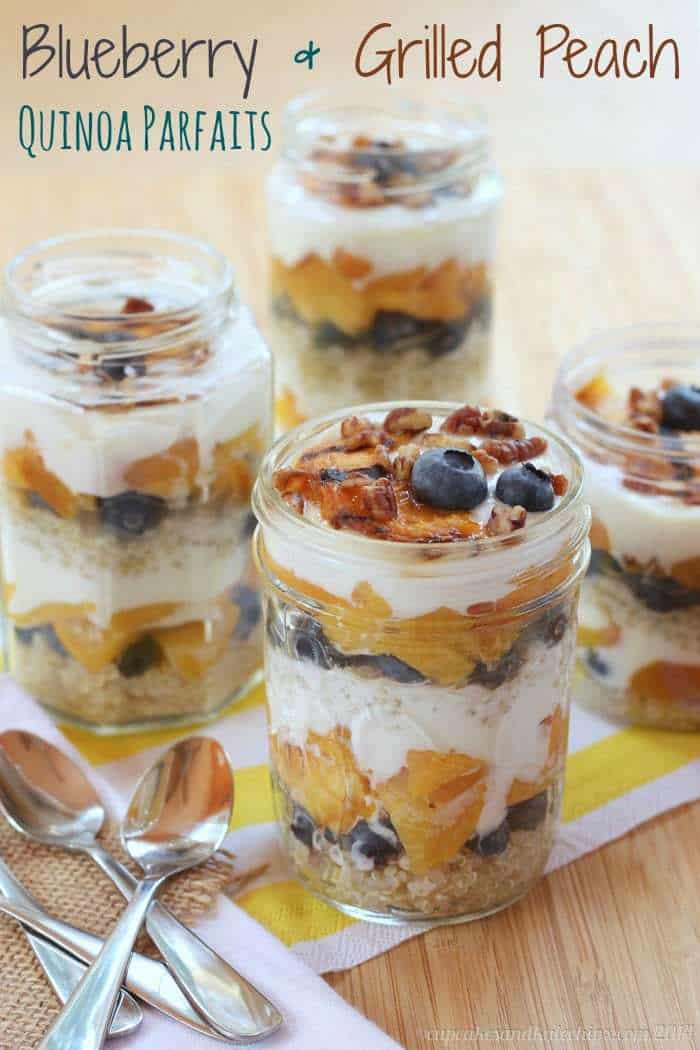 Blueberry & Grilled Peach Quinoa Parfaits - a healthy breakfast, snack or dessert recipe with sweet summer fruit and Greek yogurt! Gluten free too! | cupcakesandkalechips.com 