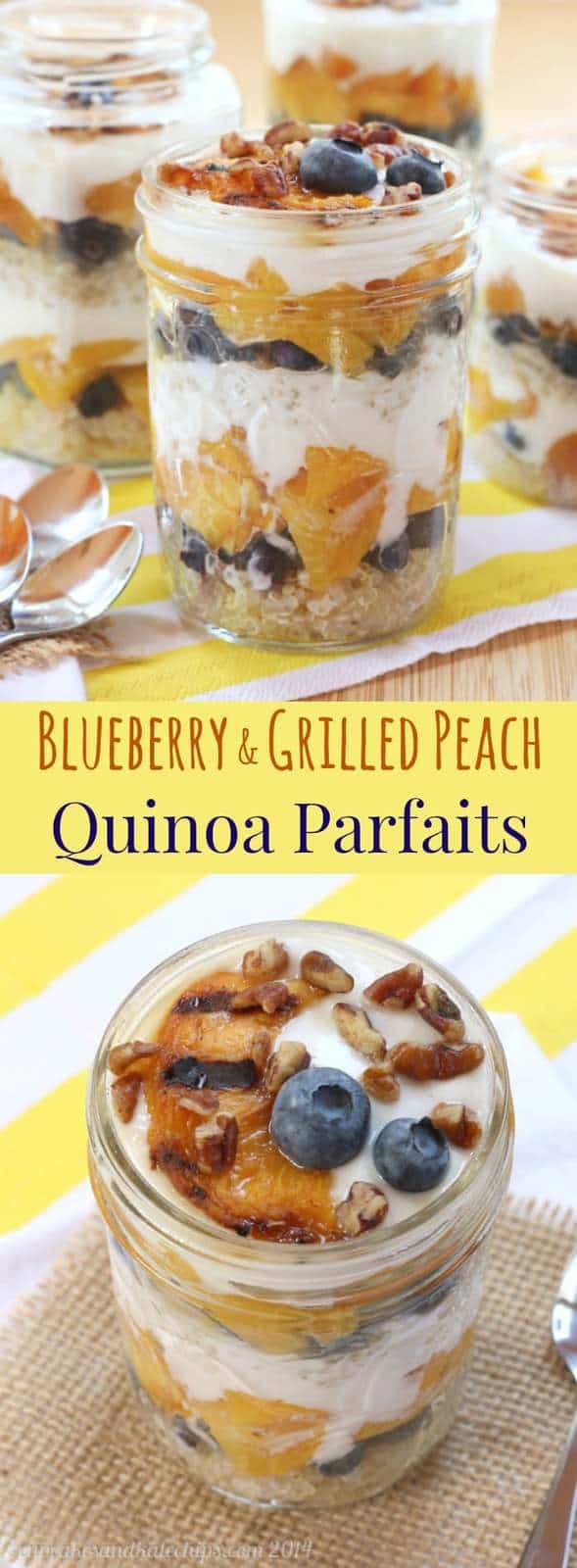 Blueberry & Grilled Peach Quinoa Parfaits - a healthy breakfast, snack or dessert recipe with sweet summer fruit and Greek yogurt! Gluten free too! | cupcakesandkalechips.com 