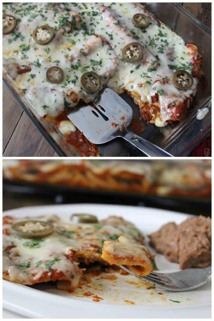 Two photos of bacon breakfast enchiladas in a casserole dish and on a plate.