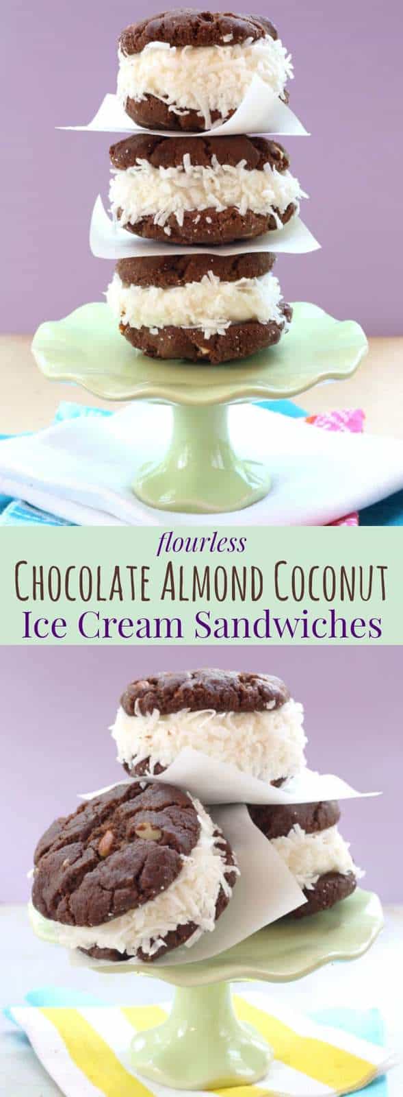 Flourless Chocolate Almond Coconut Ice Cream Sandwiches - coconut ice cream or sorbet sandwiched between two chocolaty cookies is a fun frozen dessert that's gluten free with a dairy-free option. |cupcakesandkalechips.com