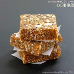 A stack of no-bake apricot chia energy bars.