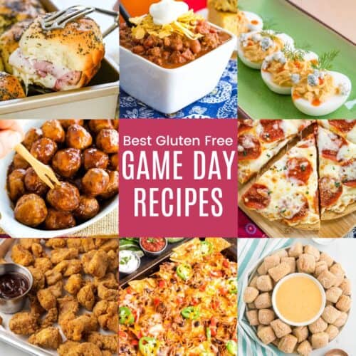 A collage of photos of nachos, popcorn chicken, pretzel nuggets, meatballs and more with a pink box in the middle with text overlay that saus "Best Gluten Free Game Day Recipes".