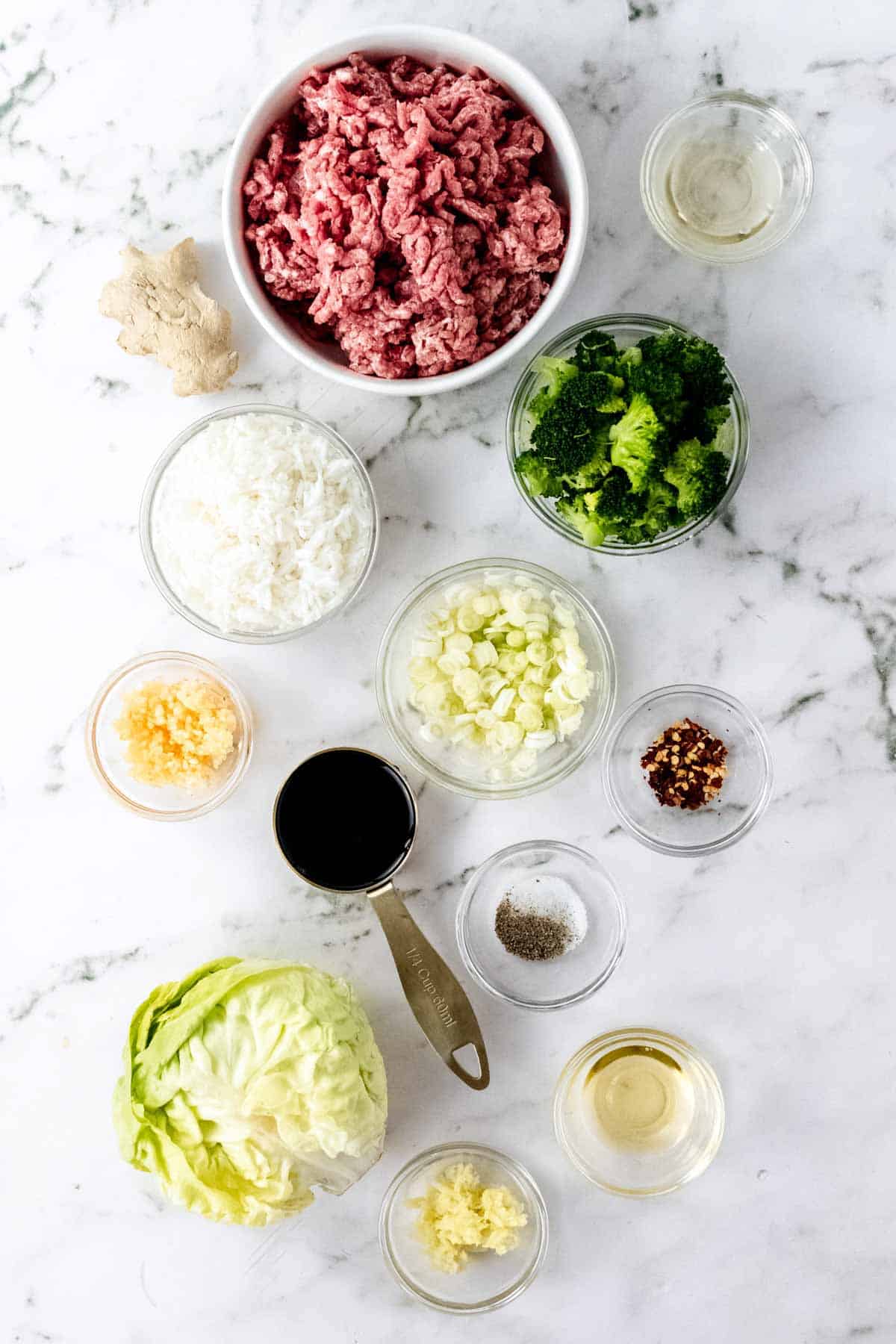 The ingredients for Asian beef lettuce wraps.