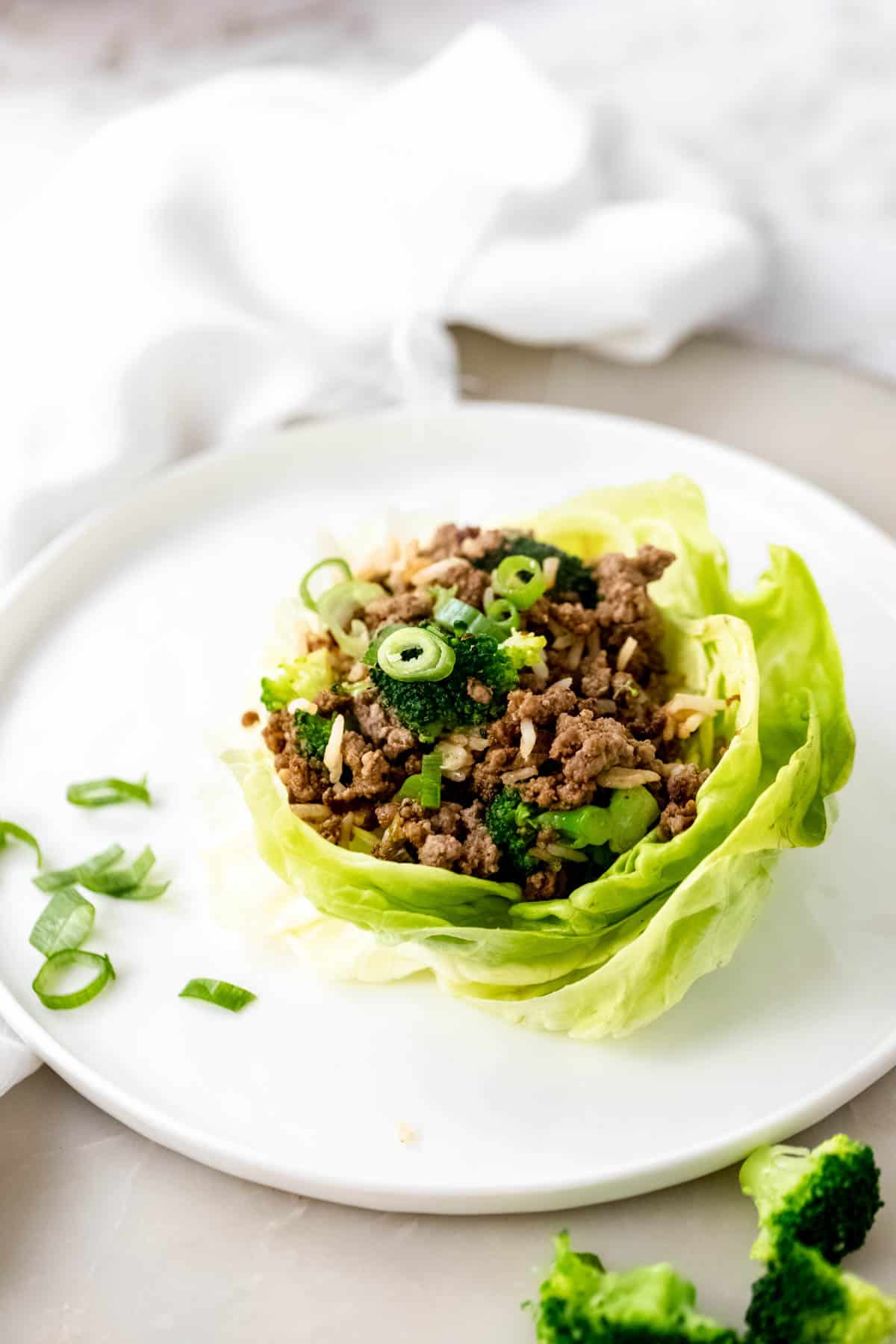 An Asian beef and broccoli lettuce wrap on a white plate.