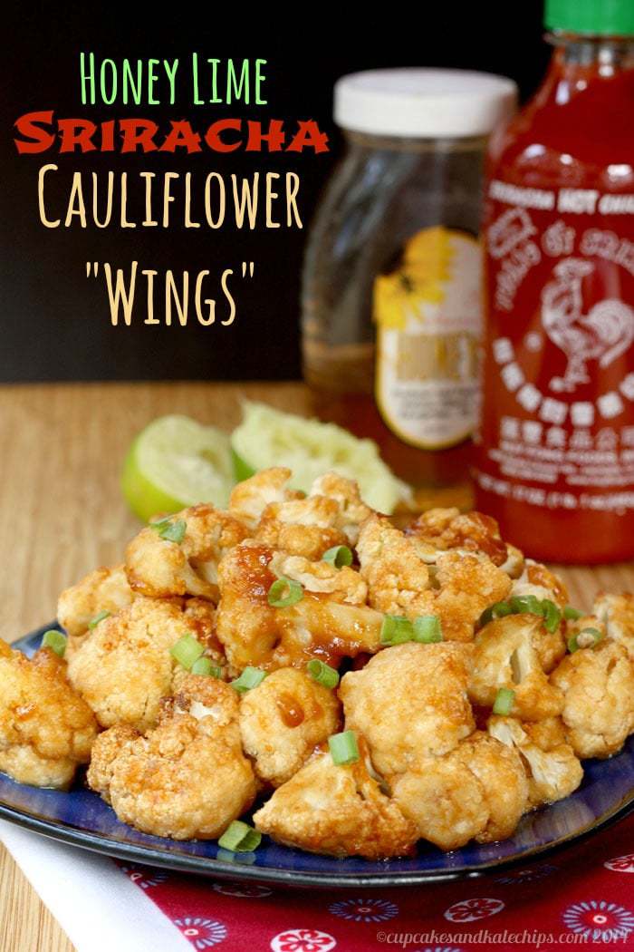 Honey Lime Sriracha Glazed Cauliflower Wings - spicy, sweet, sticky appetizer, snack or side dish! Gluten free too!