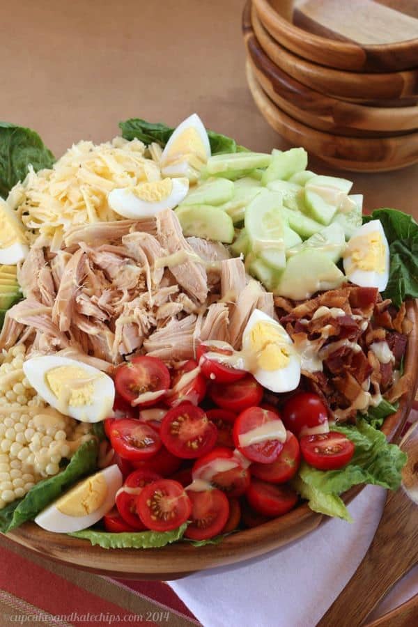 big serving bowl of turkey cobb salad