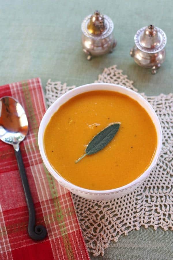 Overhead of this Cheesy Butternut Squash Soup recipe in a bowl